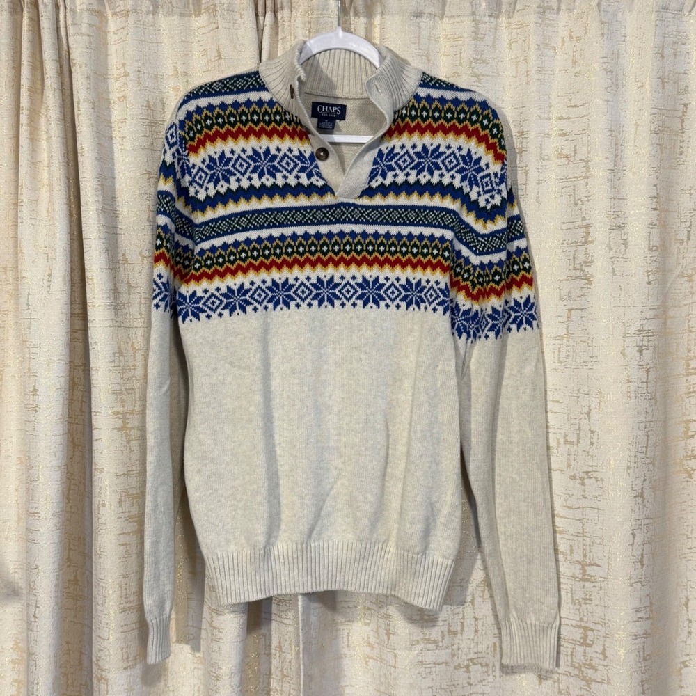 Chaps Fair Isle Mock Neck Sweater Mens Medium Oatmeal Nordic Americana Preppy